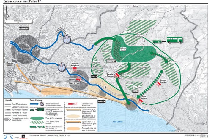 Carte des enjeux concernant l'offre en transports publics - Source : Rapport technique du SDEL